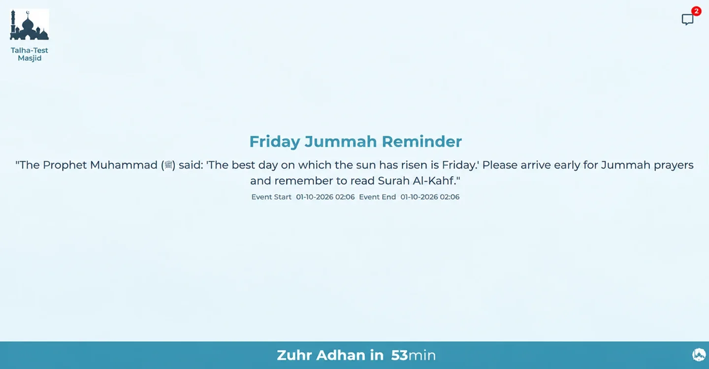 My-Masjid screen showing a full screen notice with the adhan countdown at the bottom