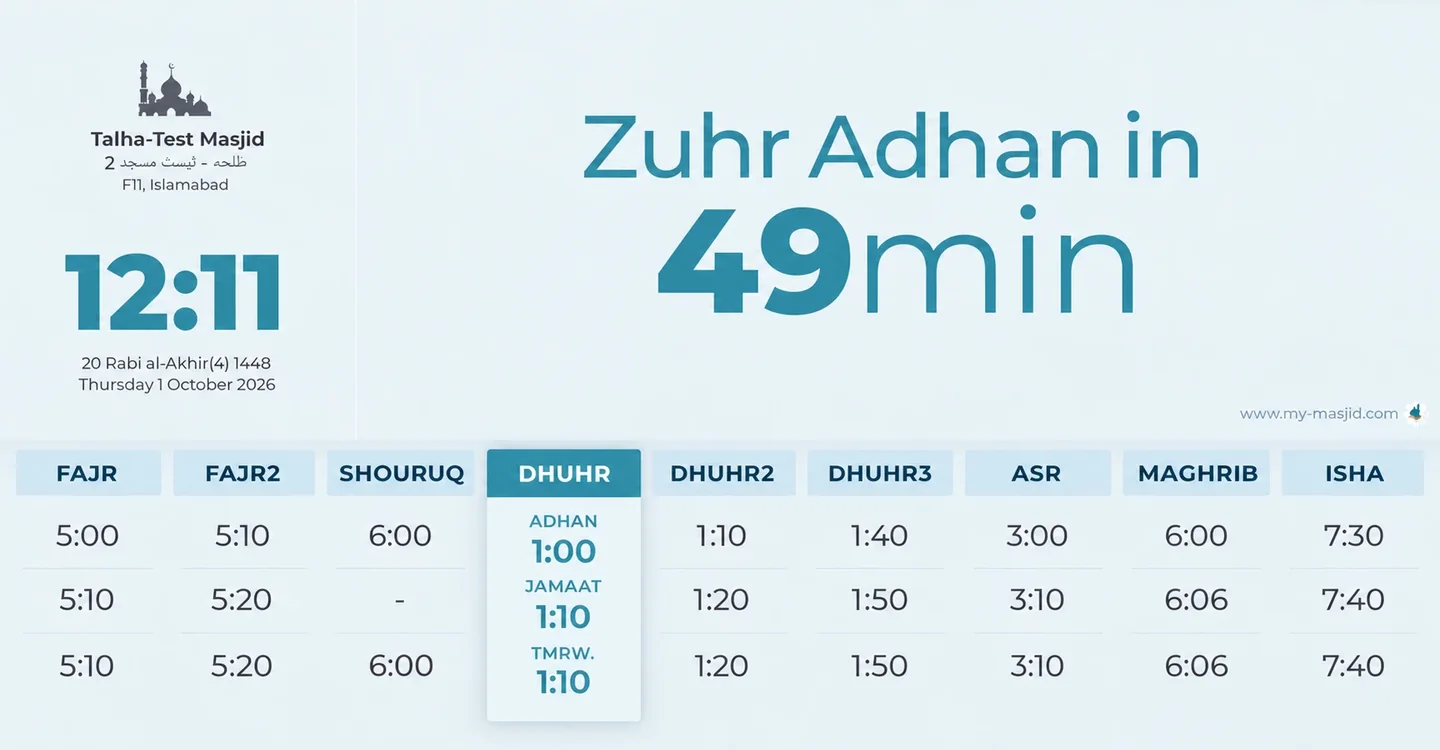 My-Masjid screen showing several jama’ah times for each prayer