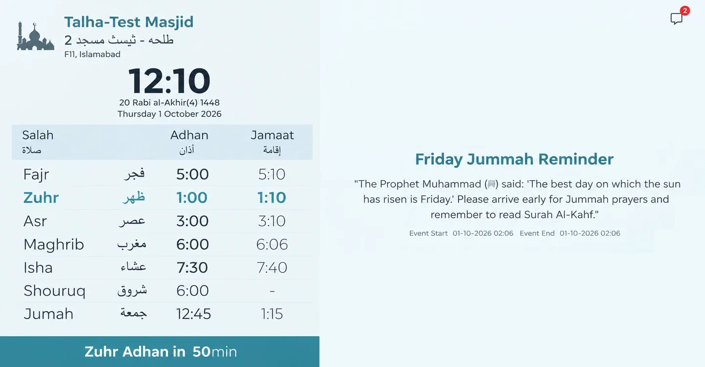 My-Masjid screen with the prayer table on the left and a notice on the right