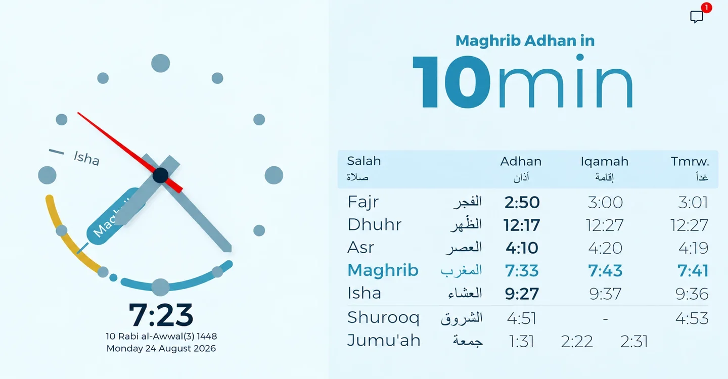 My-Masjid timing screen with a clock, the next adhan countdown and the prayer table